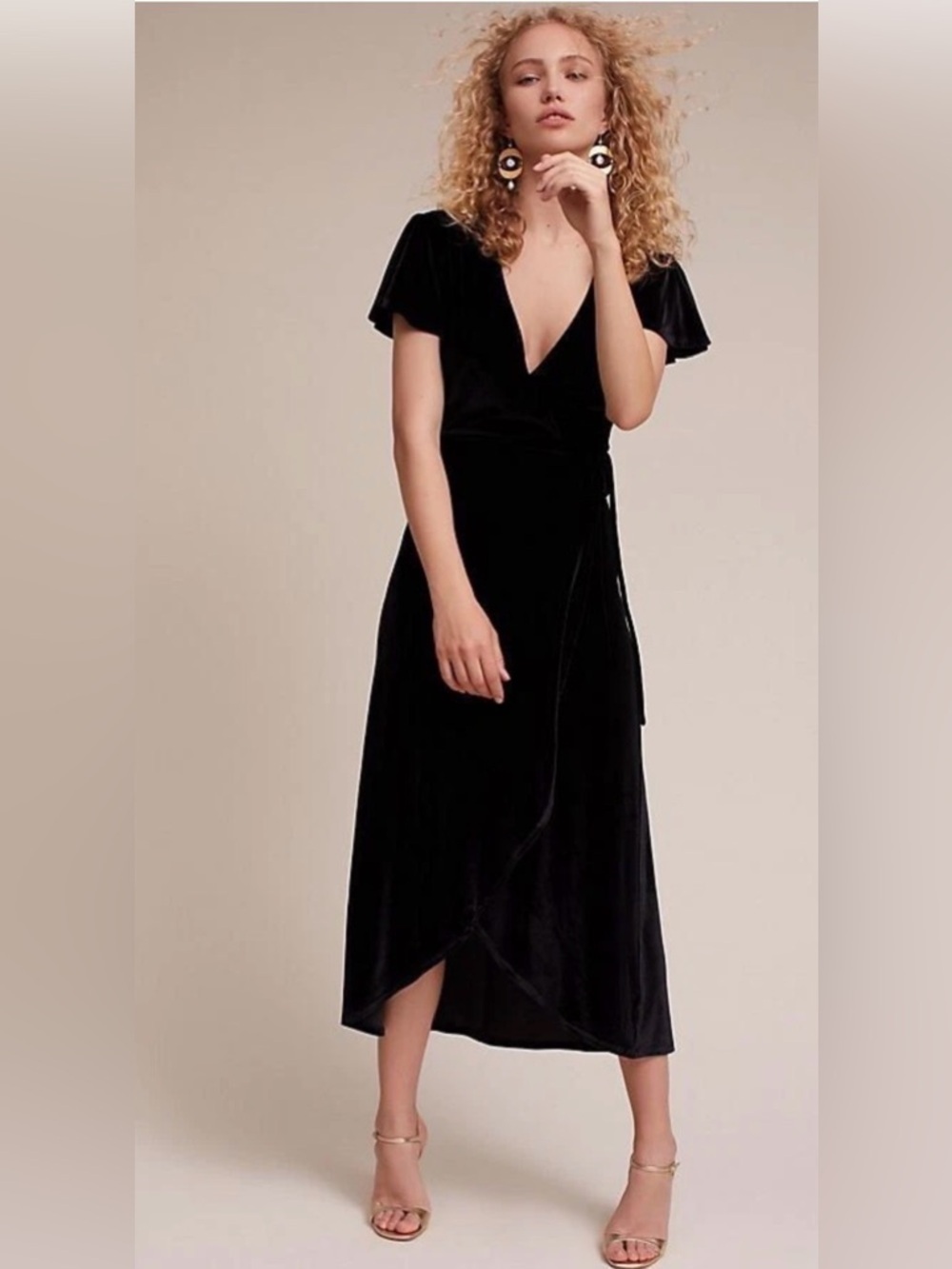 BHLDN Thrive Velvet Wrap Black Dress Medium Vneck Flowy Hi-Lo Tulip Midi Hemline